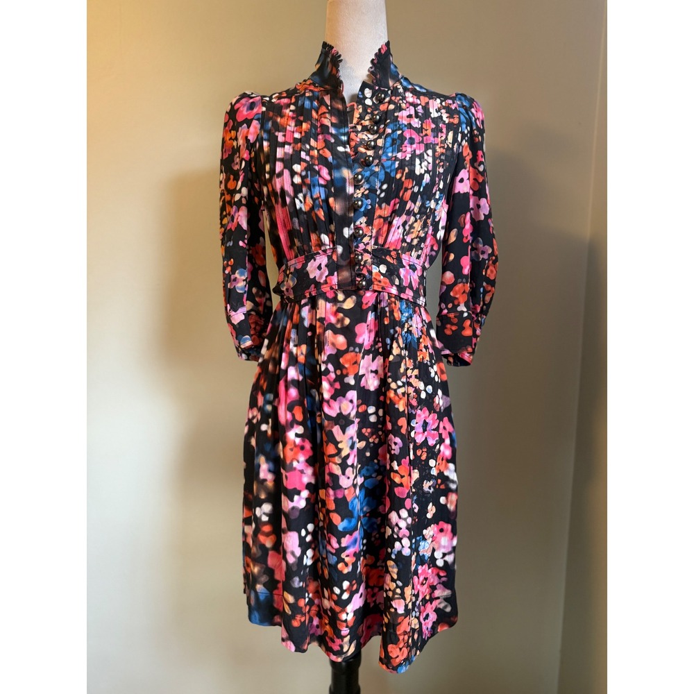 Plenty by Tracy Reese Floral Pleated Mock Neck Midi‎ Dress Black Pink Blue